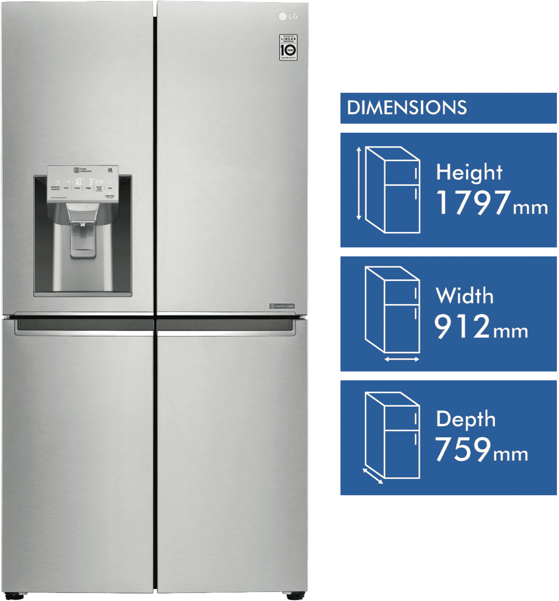 Silver French Door Refrigerator Product Diagram With Height And Width PNG