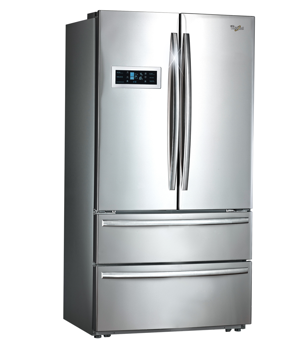 Silver Side By Side Refrigerator With Lower Freezer Compartment PNG Photo