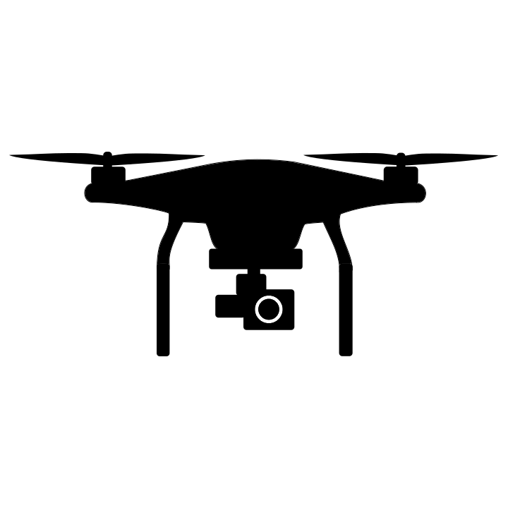 Black Drone Silhouette With Front Camera And Horizontal Rotor Arms PNG Icon
