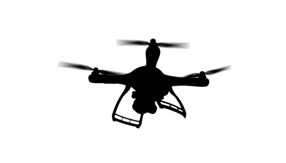 Black Drone Silhouette With Mounted Camera And Straight Rotor Arms PNG Icon