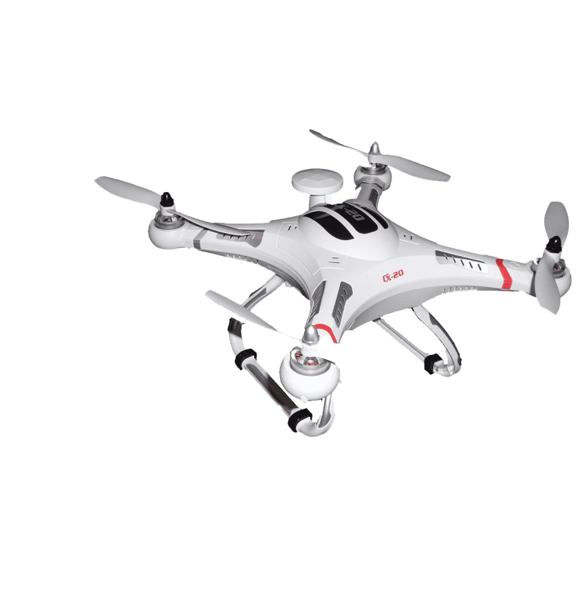 White Camera Quadcopter With Red Accent Stripes And Front Lens PNG Image