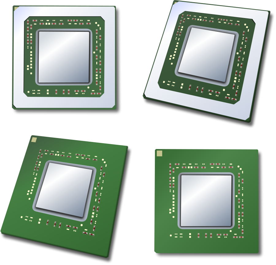 Collection Of Four Computer Processor Chips On Green Circuit Boards PNG
