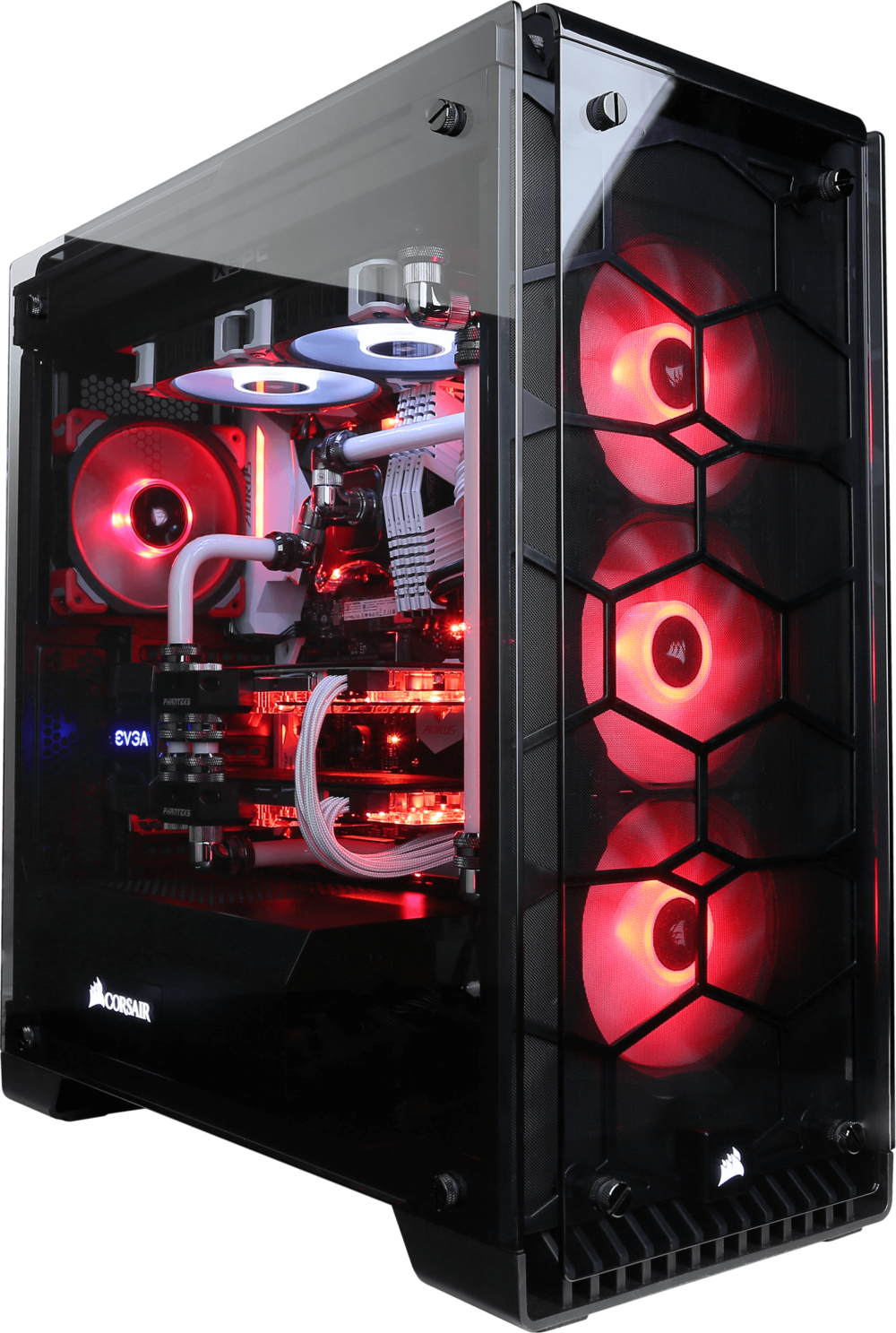 Gaming Computer Tower With Red LED Fans And Transparent Side Panel PNG Photo