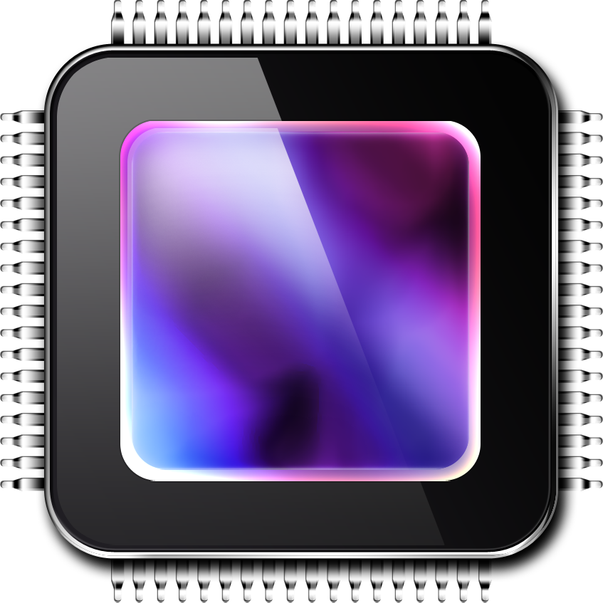 Square Processor Chip With Iridescent Purple Central Die PNG Graphic