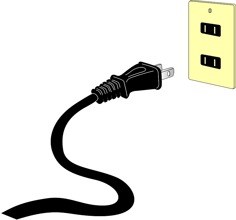 Black AC Power Plug Beside Yellow Wall Outlet PNG Illustration