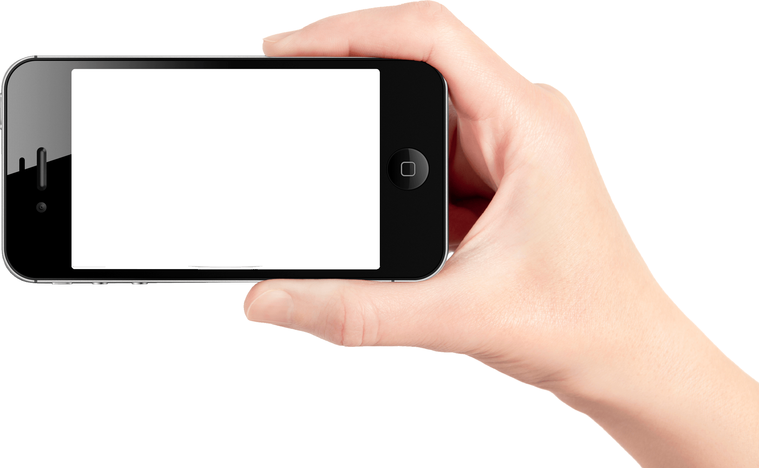 Hand Holding Black Phone Horizontally With Empty White Screen PNG Photo