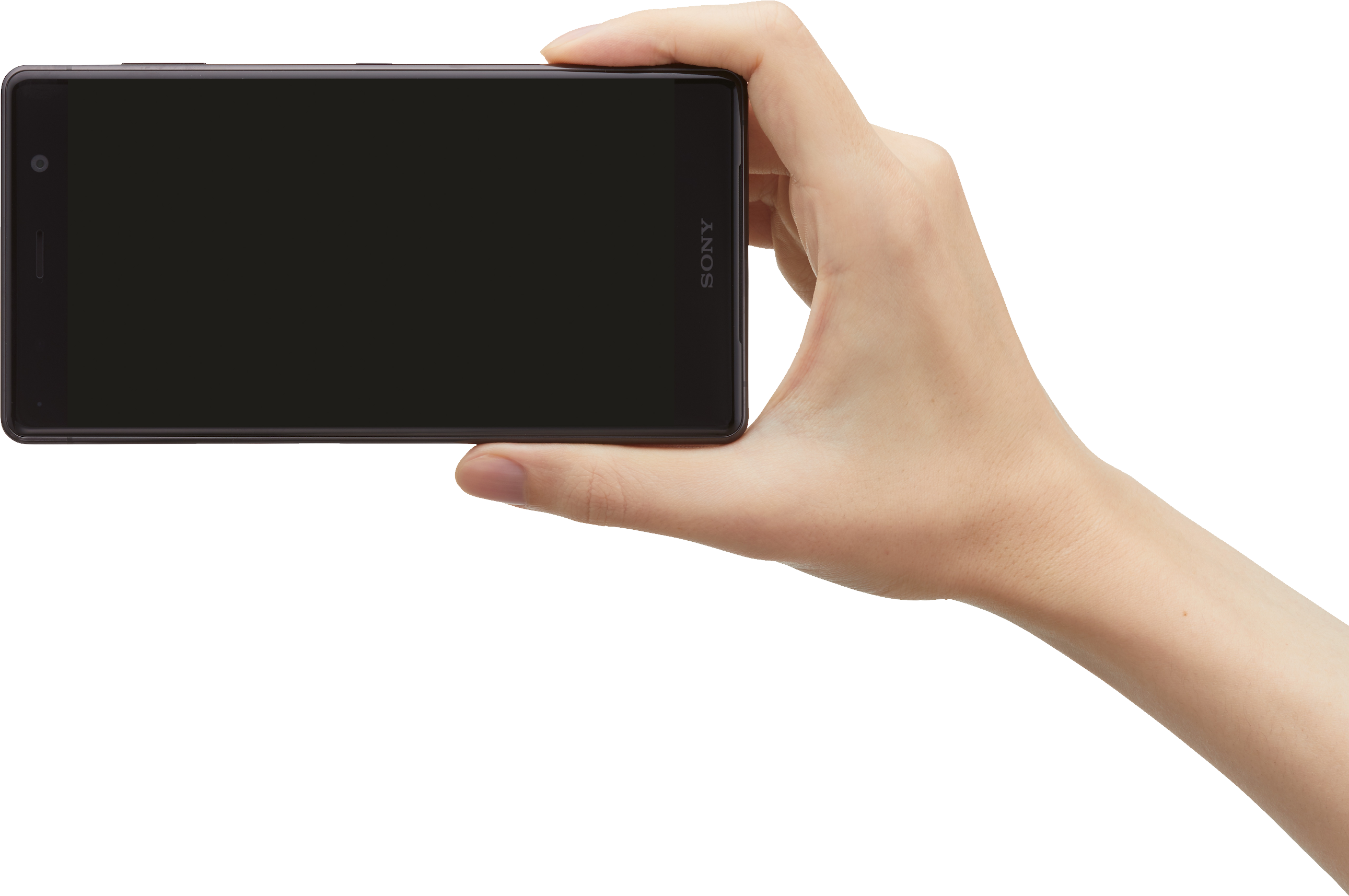 Hand Presenting Black Mobile Phone In Landscape Orientation PNG Photo