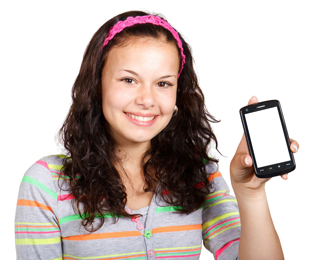 Smiling Teen Girl Holding Mobile Phone With Screen Visible PNG Photo