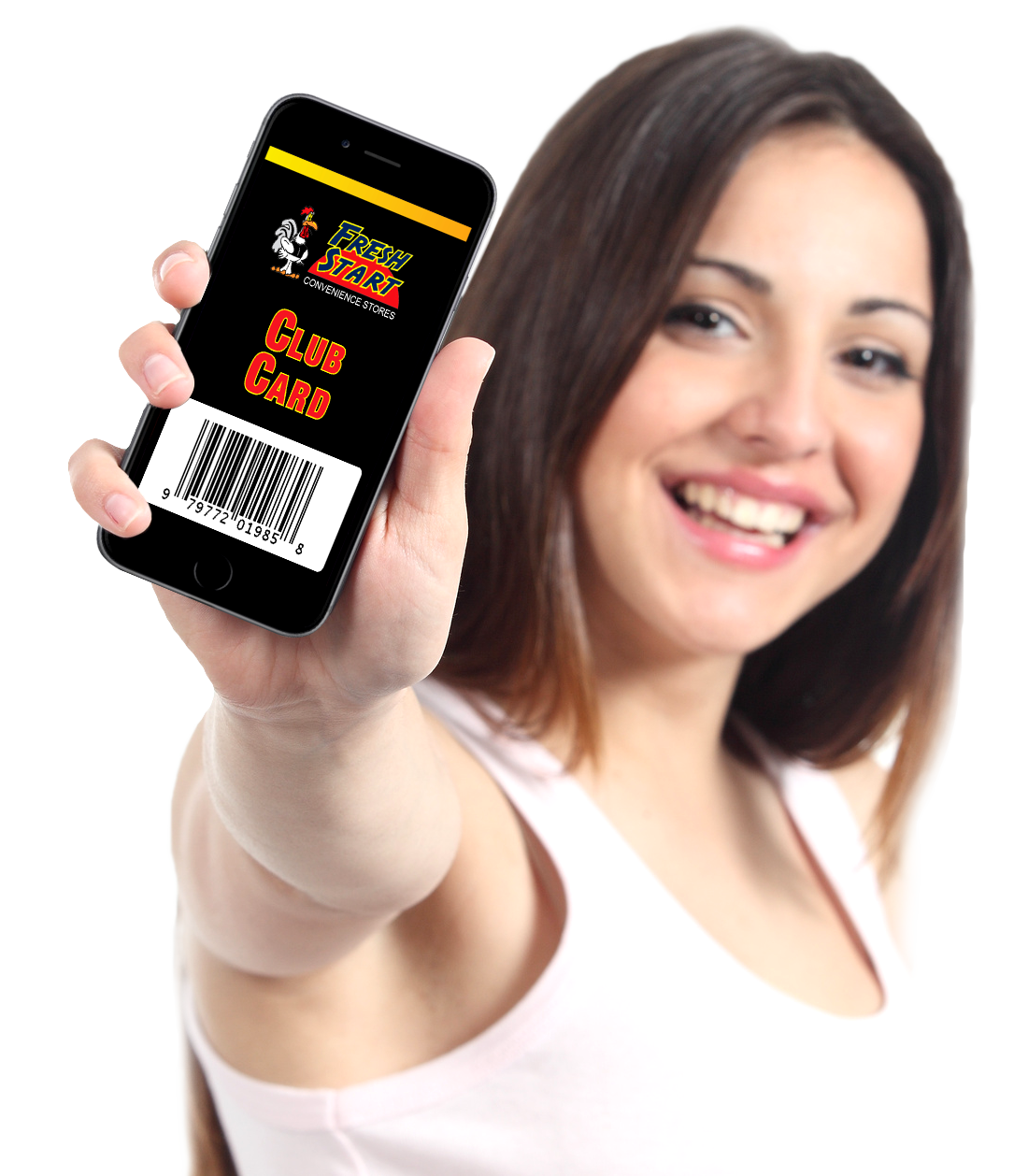 Woman Showing Black Smartphone With Digital Barcode Screen PNG Photo