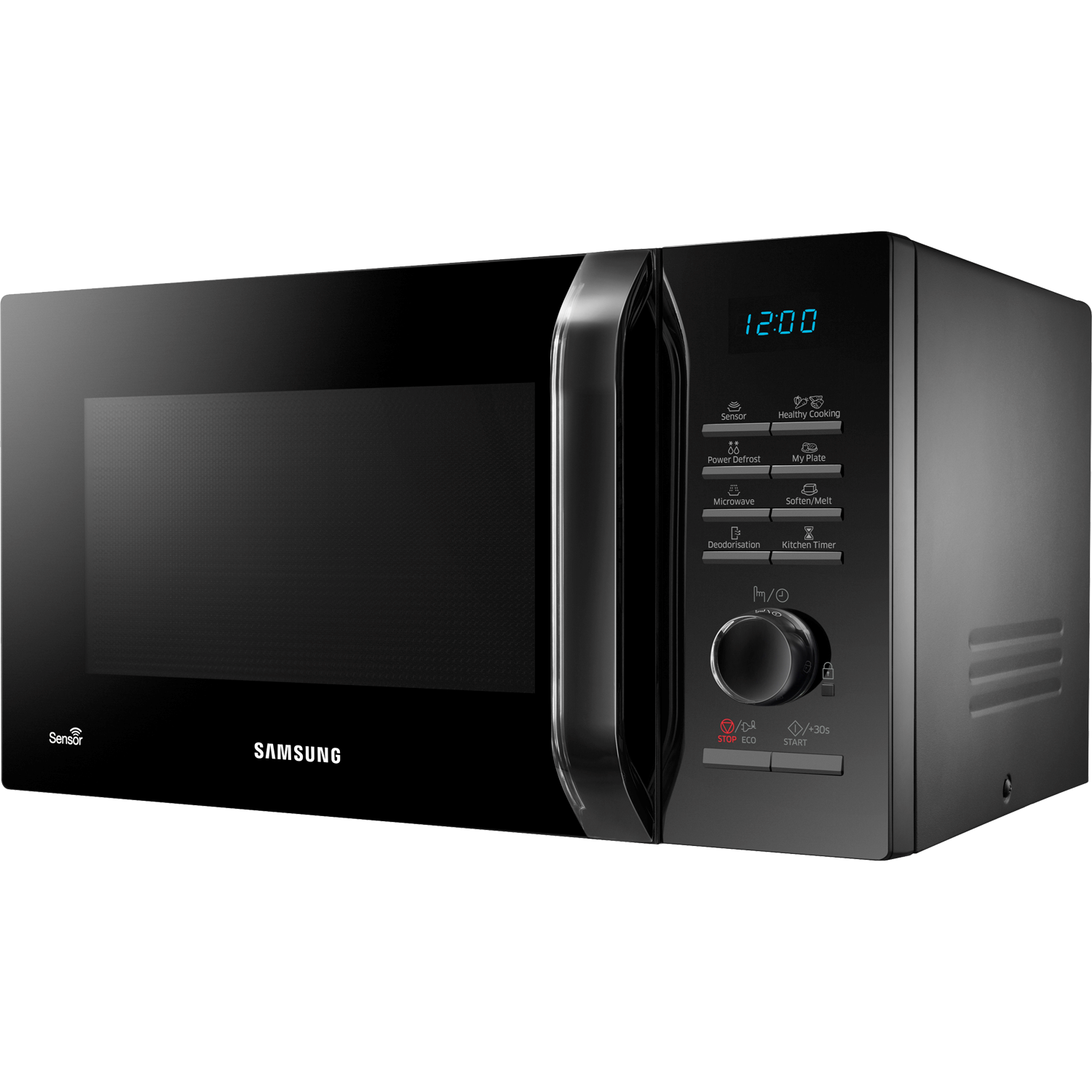 Angled Black Microwave Oven With Glossy Front And Side Ventilation PNG