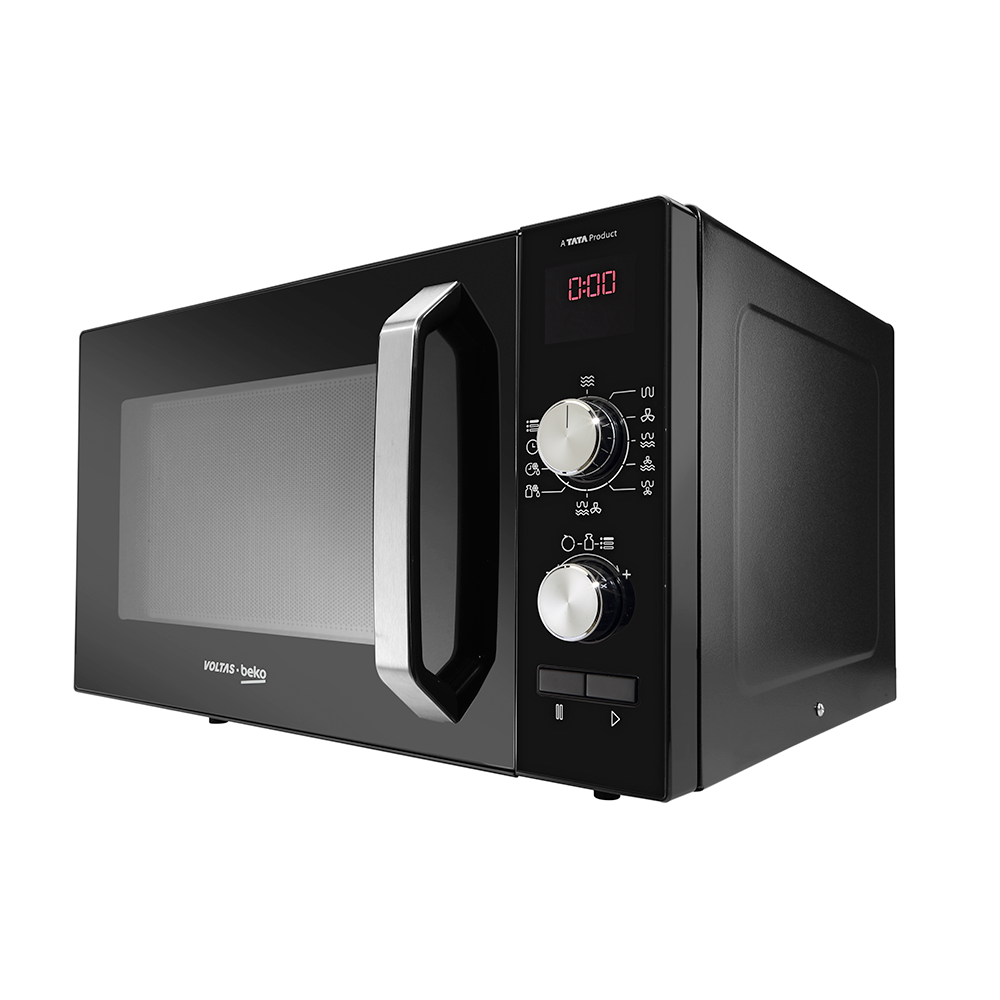 Angled Black Microwave Oven With Silver Handle And Digital Controls PNG Image