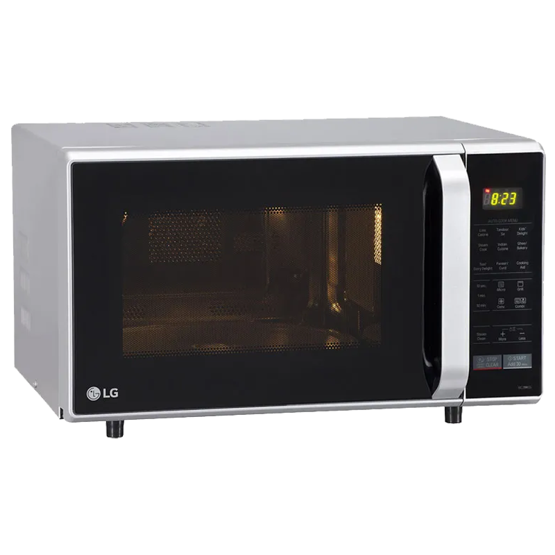 Black Countertop Microwave With Silver Handle And Control Display PNG Photo