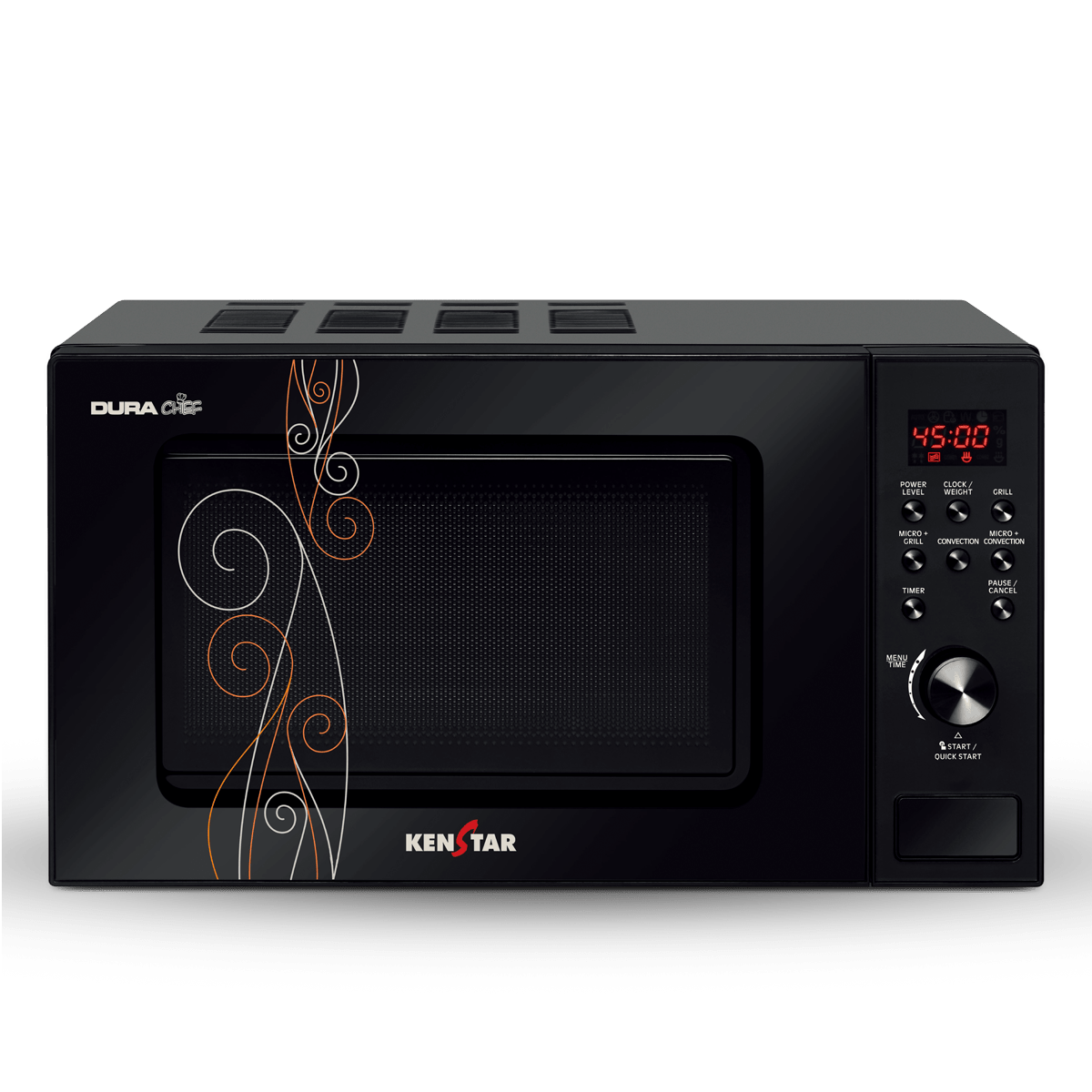 Black Microwave Oven With Elegant Floral Scrollwork On Door PNG Graphic