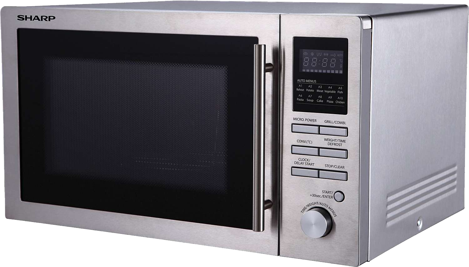 Modern Silver LG Style Microwave With Black Door And Touch Panel PNG