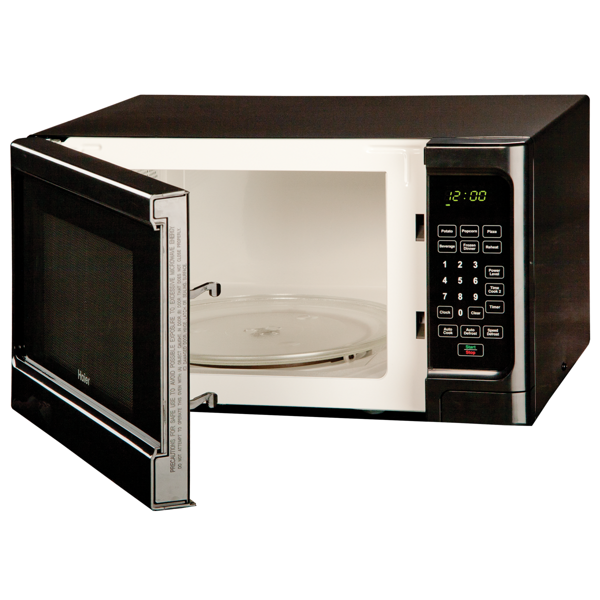 Open Black Microwave Oven With Turntable And Interior Light PNG Photo