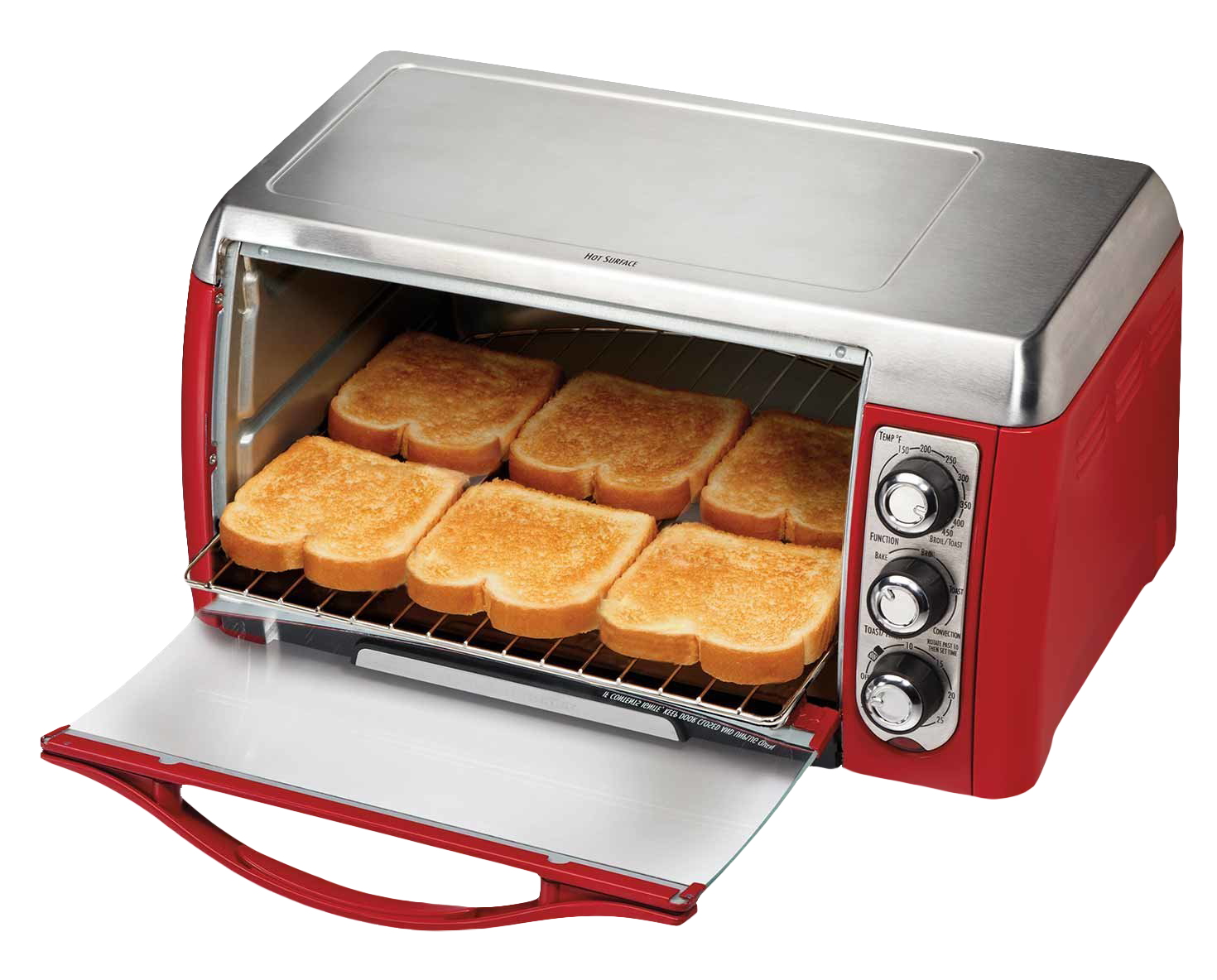 Red Retro Toaster Oven With Toasted Bread On Baking Rack PNG Product Image