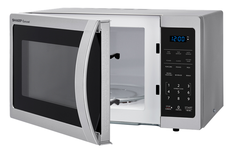 Silver Countertop Microwave Oven With Open Door And Digital Keypad PNG Product Image