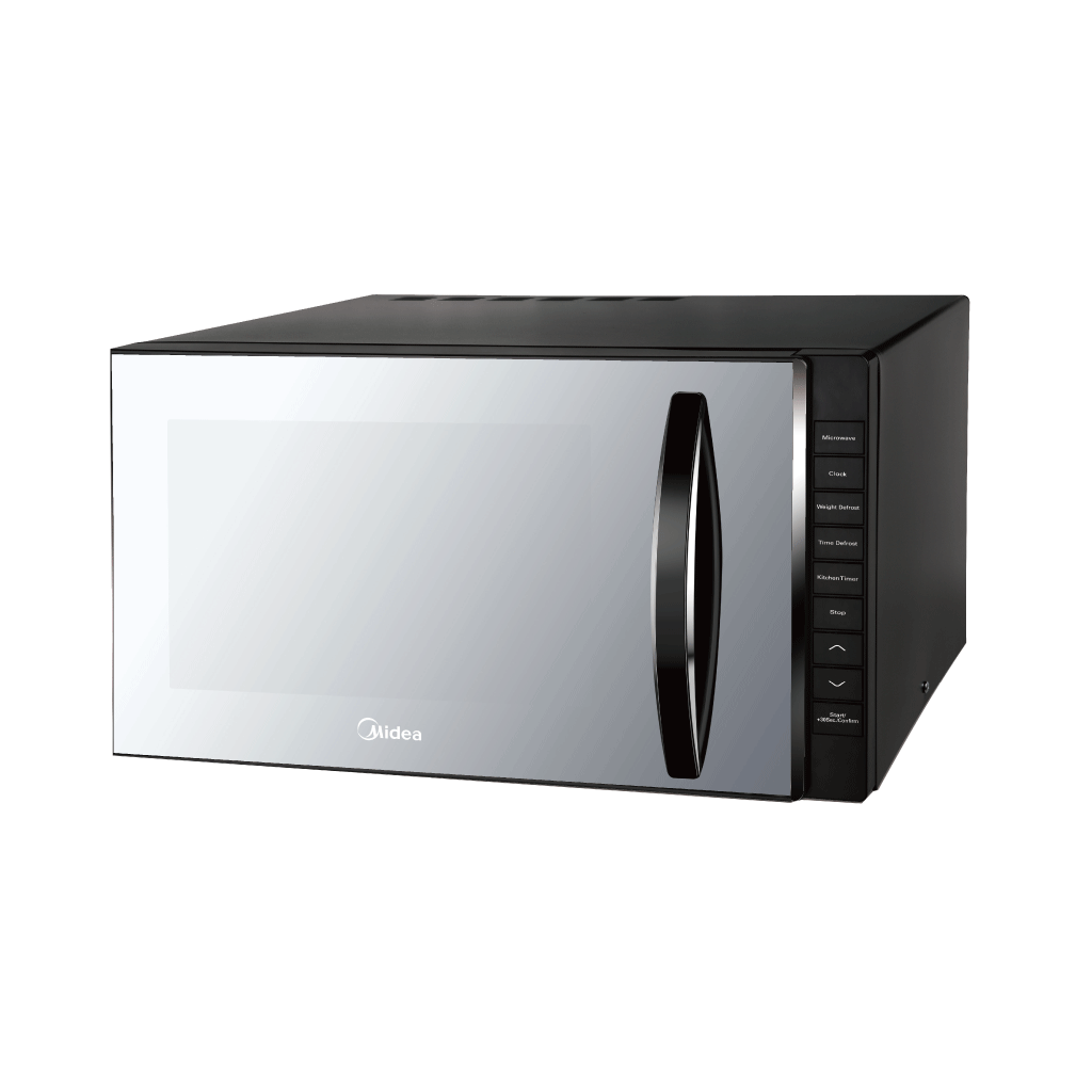 Silver Stainless Microwave Oven With Curved Handle PNG Product Image