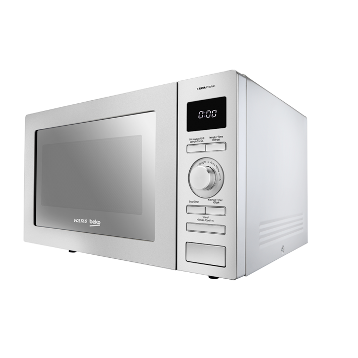 Small White And Silver Microwave Oven Front Angle View PNG Photo