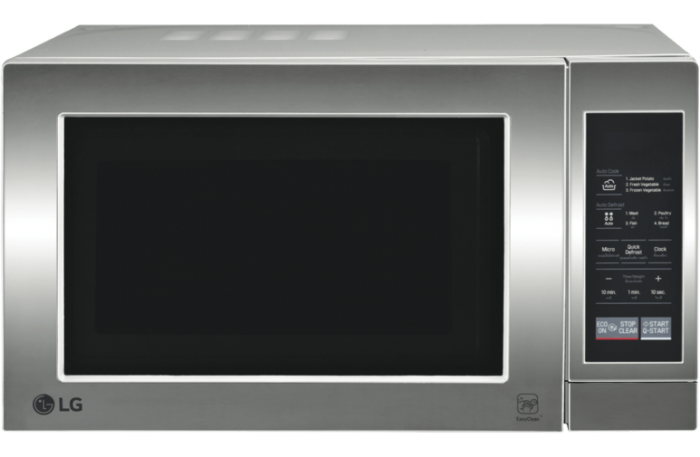 Wide Silver Microwave Oven With Large Black Door And Control Keypad PNG