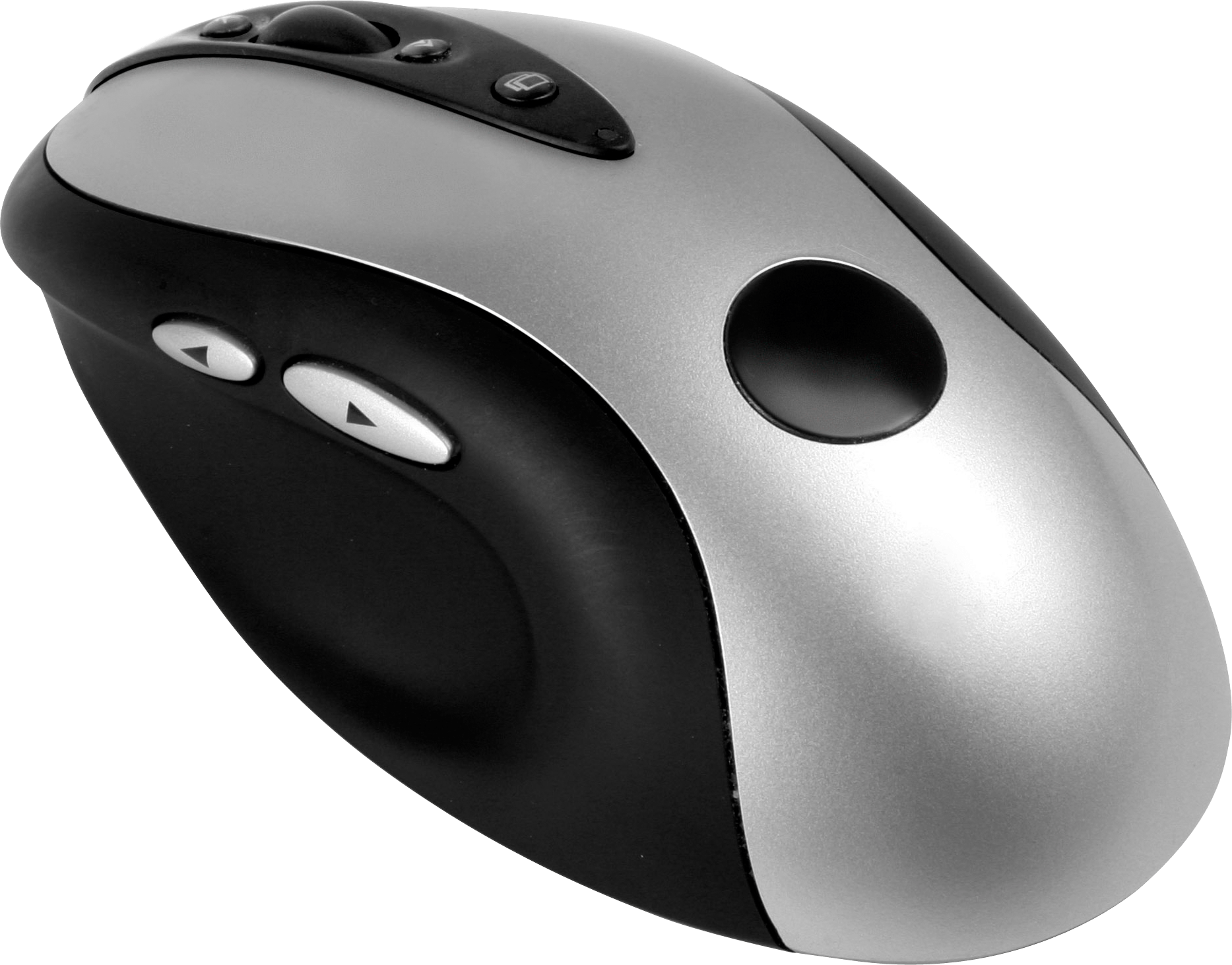 Black And Silver Mouse Underside With Optical Sensor And Skates PNG Photo