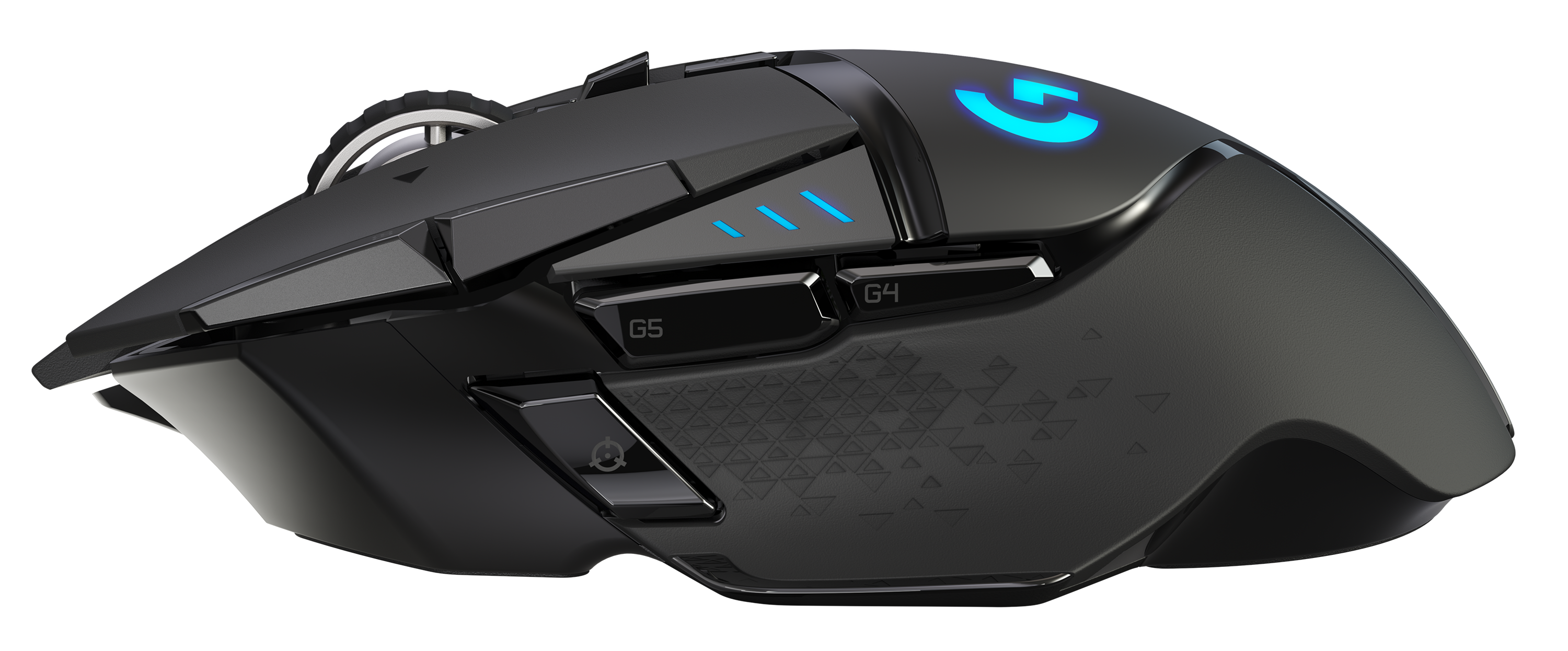 Black Ergonomic Gaming Mouse With Blue Illuminated Scroll Wheel PNG Image