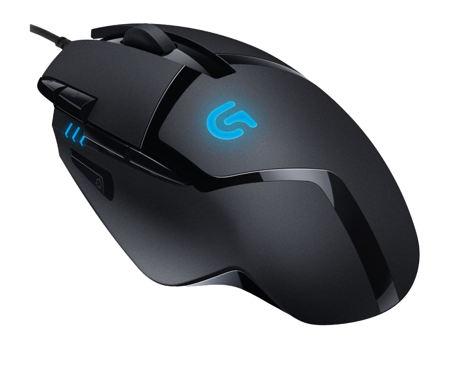 Black Gaming Mouse With Blue Side Buttons And Glowing Scroll Wheel PNG