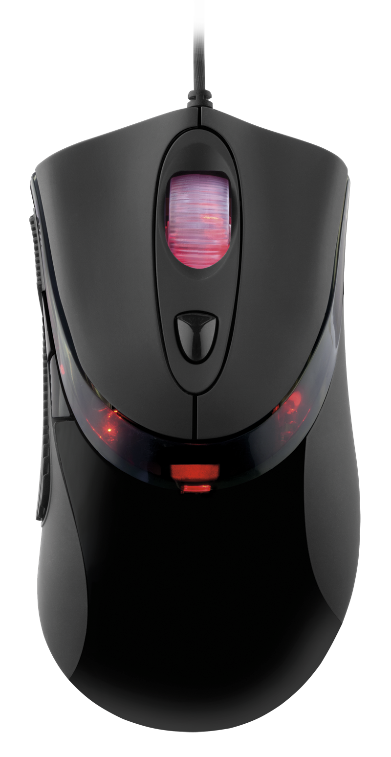Black Gaming Mouse With Red Accent Lines And Pink Scroll Wheel PNG Image