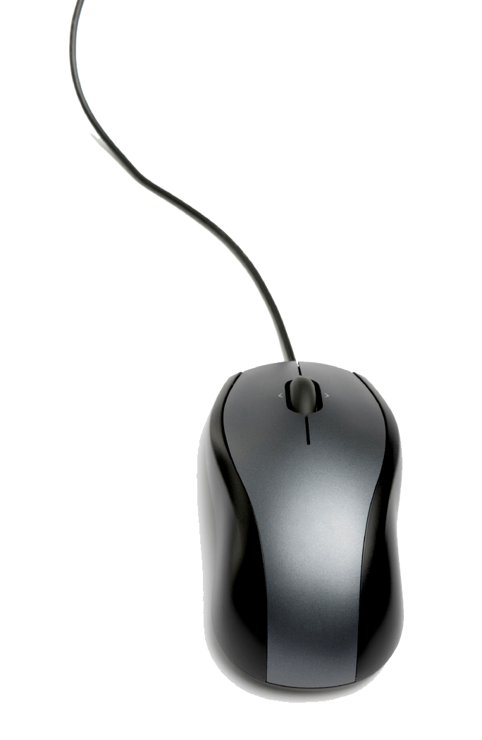 Black Wired Optical Mouse Shown From Above With Curved Cable PNG Product Image