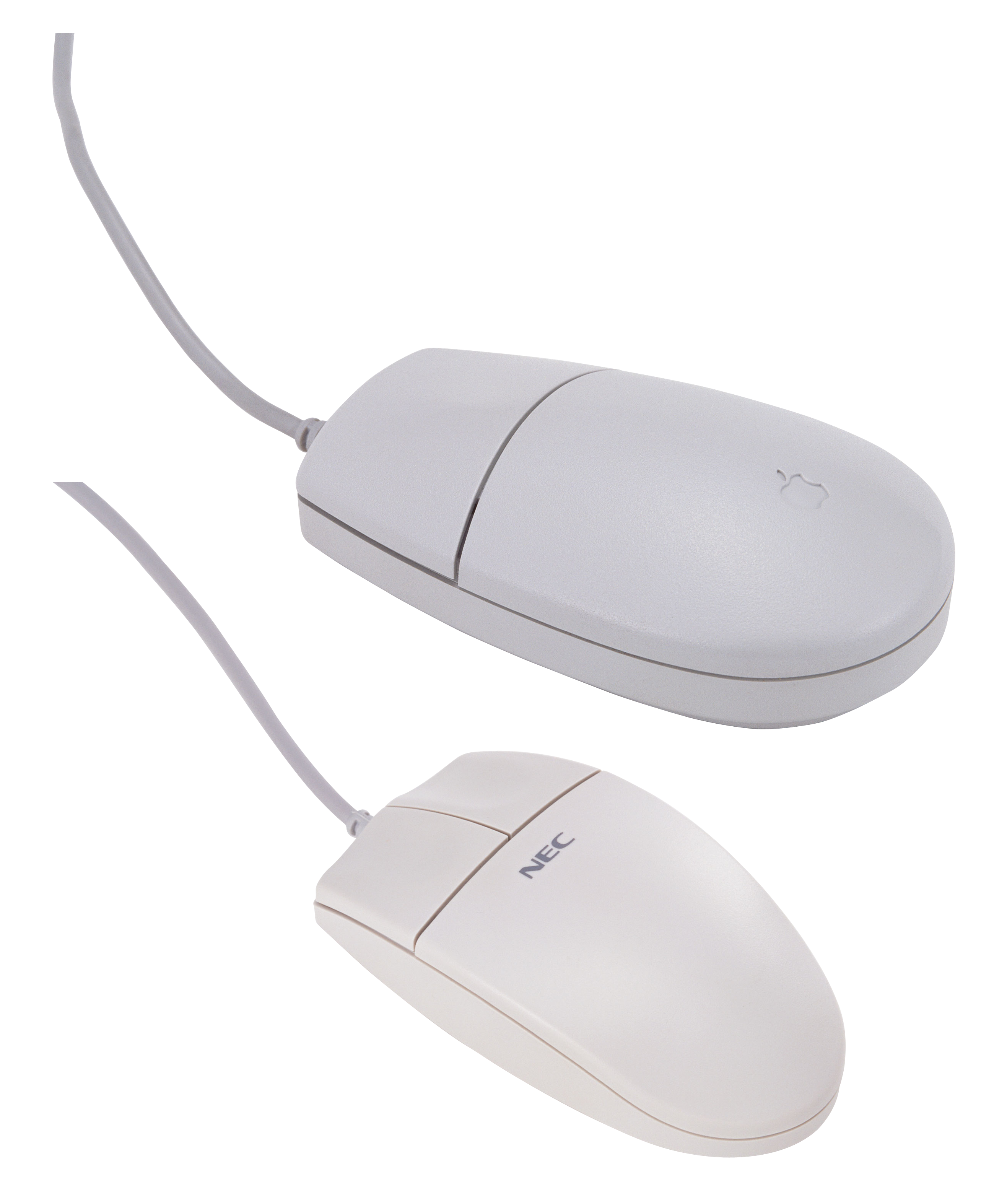 Pair Of White Computer Mice With Long Cords And Colored Scroll Buttons PNG