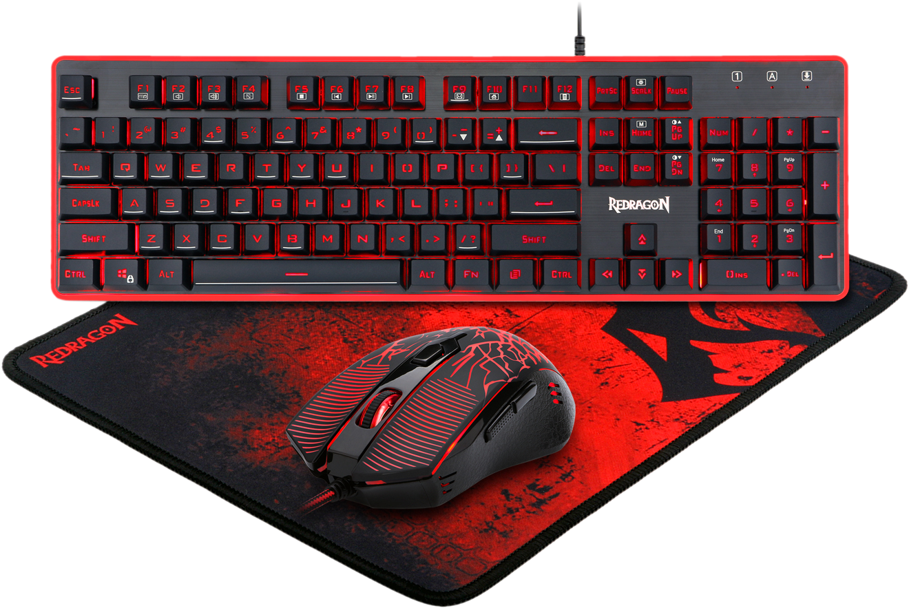 Red Backlit Gaming Keyboard Mouse And Large Mouse Pad Set PNG Photo