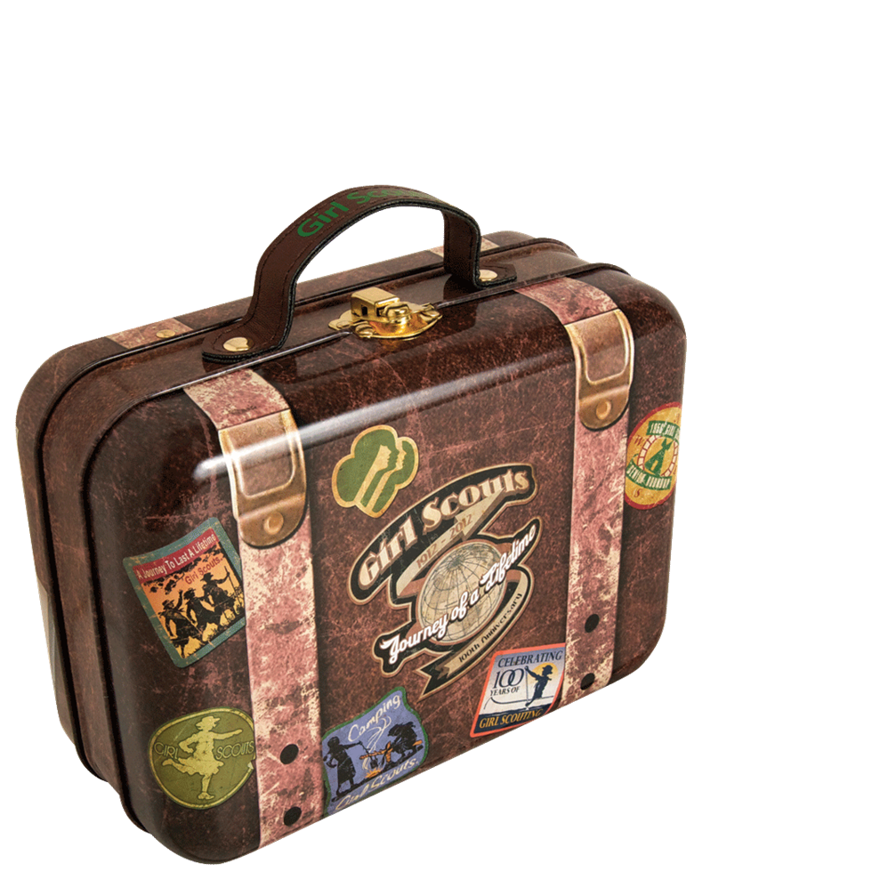 Antique Brown Leather Travel Trunk With Decorative Printed Panels PNG Photo