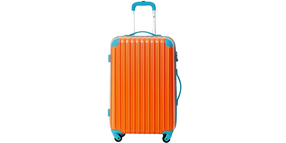 Bright Orange Hard Shell Spinner Suitcase With Blue Handle PNG Product Photo