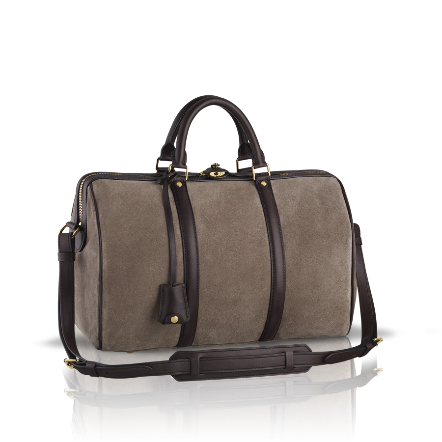 Brown Leather Travel Duffel Bag With Handles And Shoulder Strap PNG Image