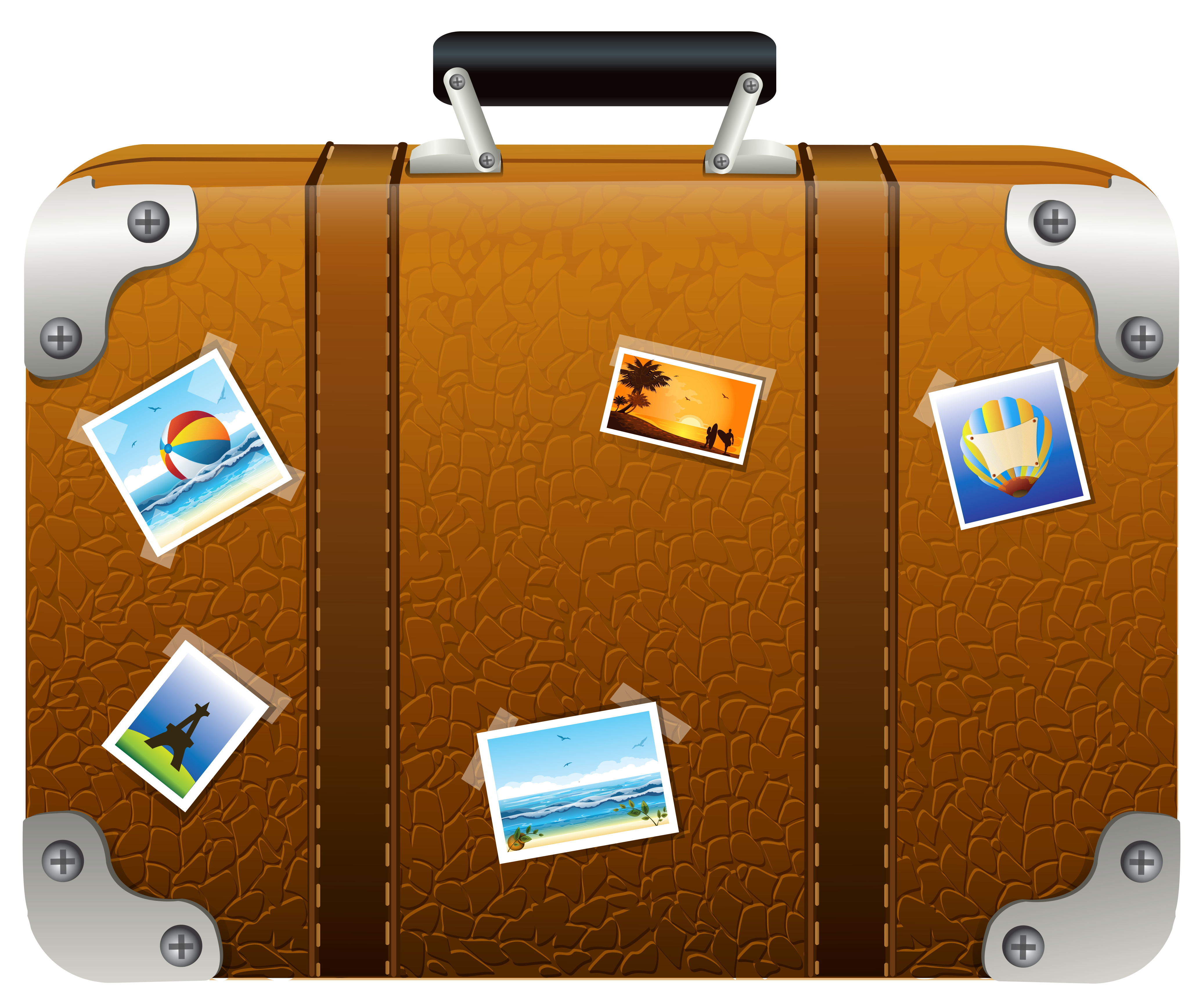 Brown Travel Suitcase Covered With Colorful Souvenir Stickers PNG Illustration