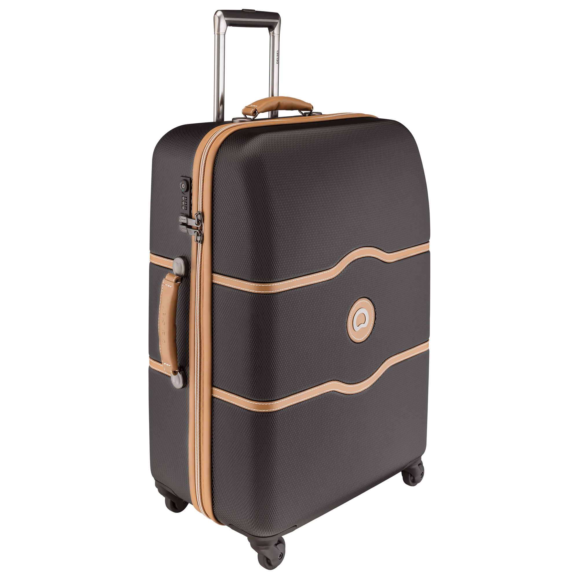 Brown Vintage Suitcase With Tan Trim And Extended Handle PNG Image