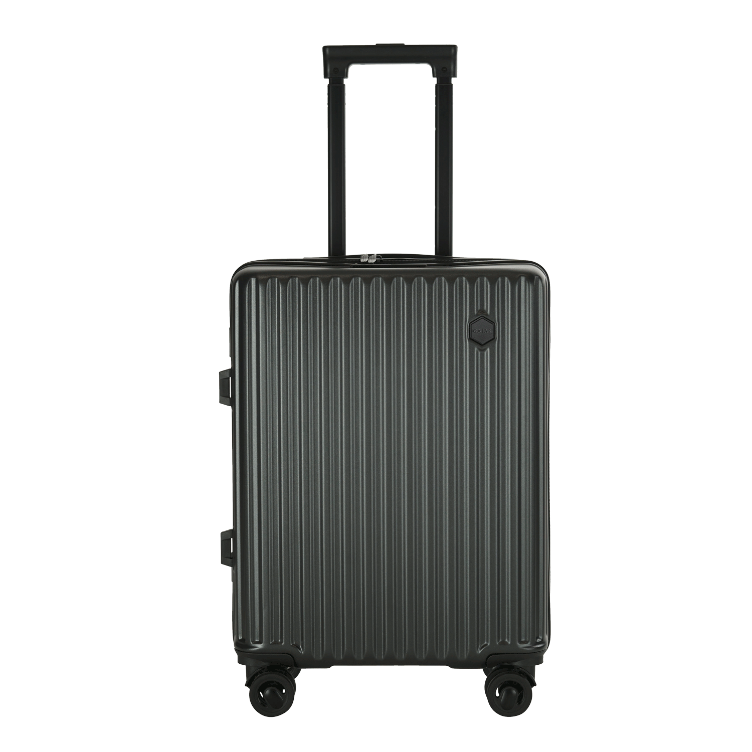 Gray Ribbed Hard Shell Cabin Suitcase With Spinner Wheels PNG Image