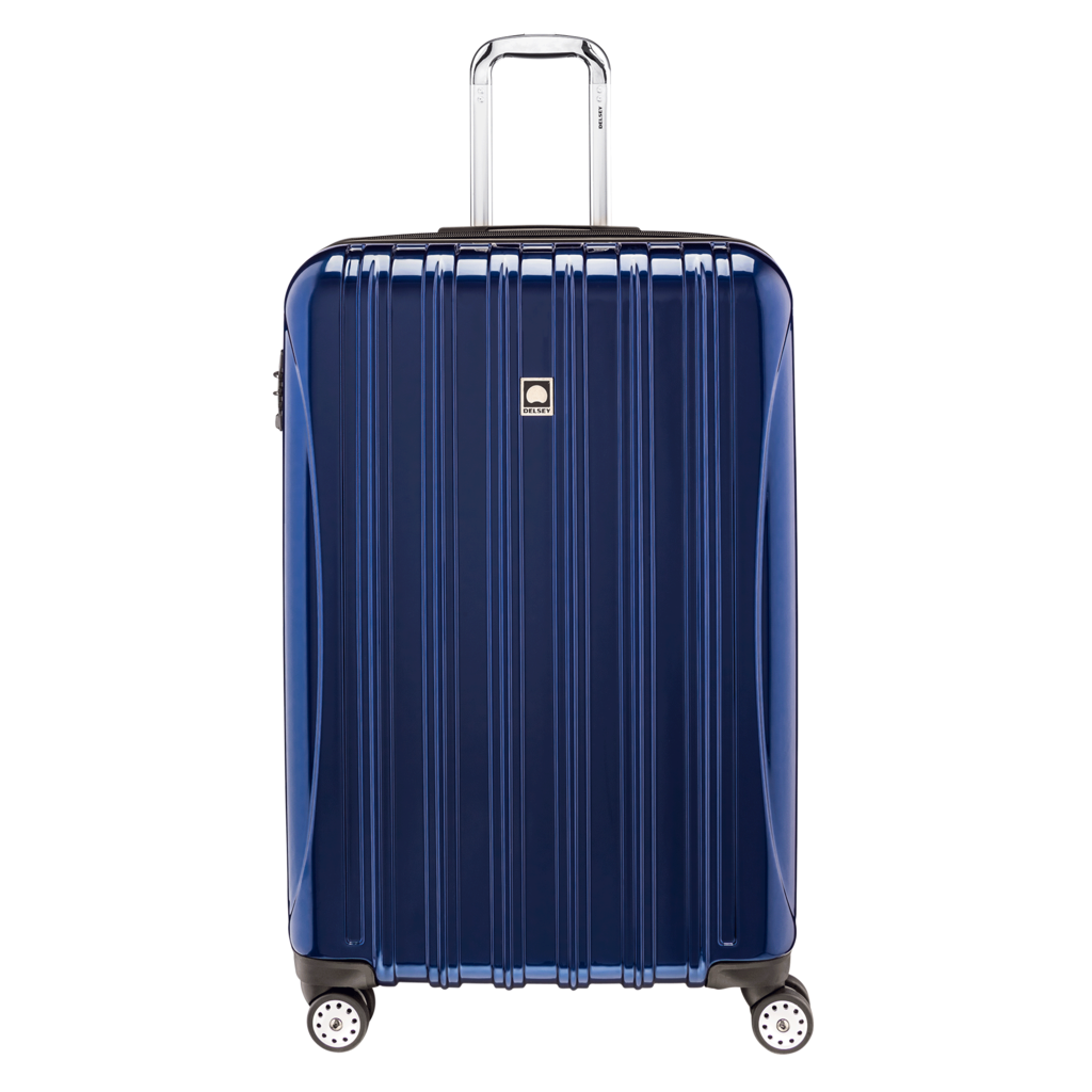 Navy Blue Hard Shell Spinner Suitcase With Vertical Ridges PNG Image