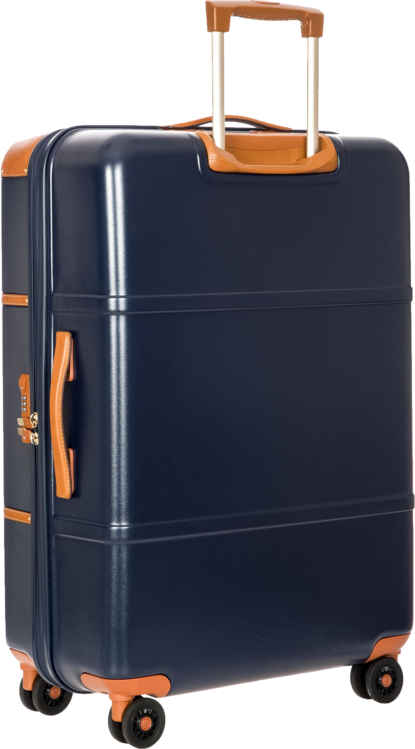 Navy Blue Rolling Suitcase With Brown Trim And Extended Handle PNG Photo