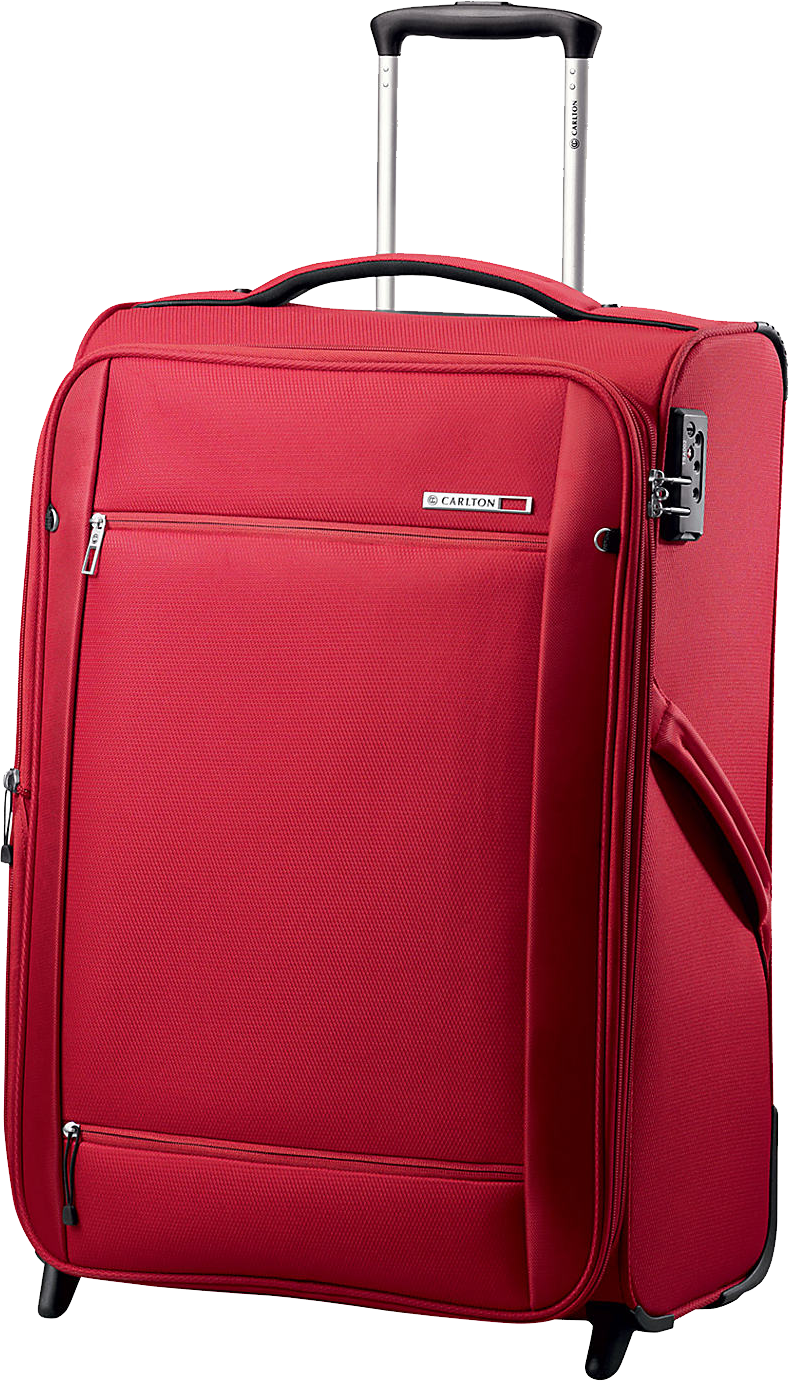 Red Soft Sided Rolling Suitcase With Front Zipper Pockets PNG Image