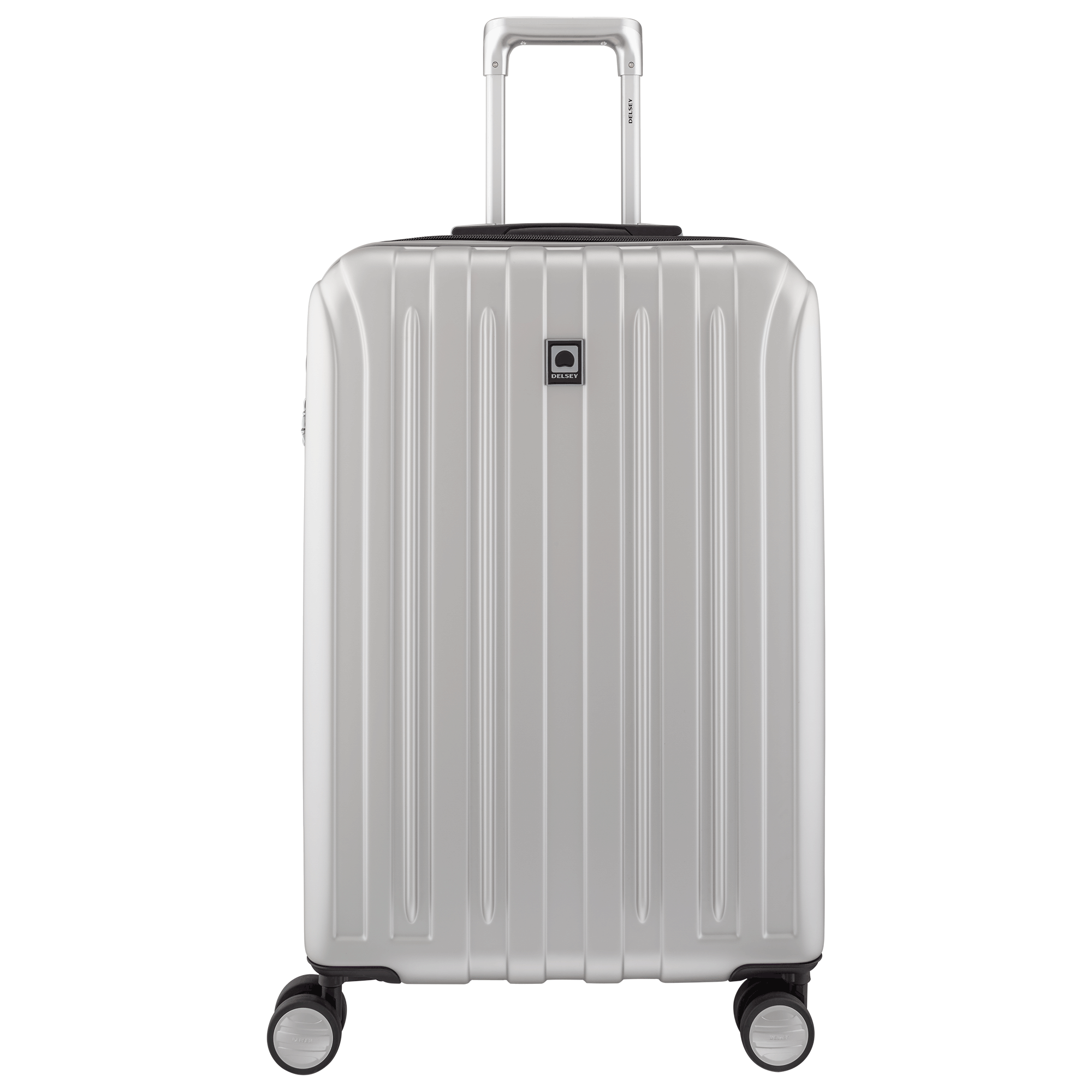 Silver Hard Shell Spinner Luggage With Four Wheels PNG Product Image