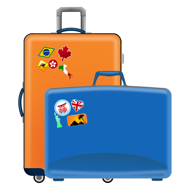 Two Colorful Travel Suitcases Decorated With Stickers PNG Illustration