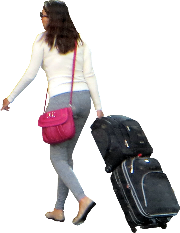 Woman Pulling Two Rolling Suitcases At The Airport PNG Lifestyle Illustration