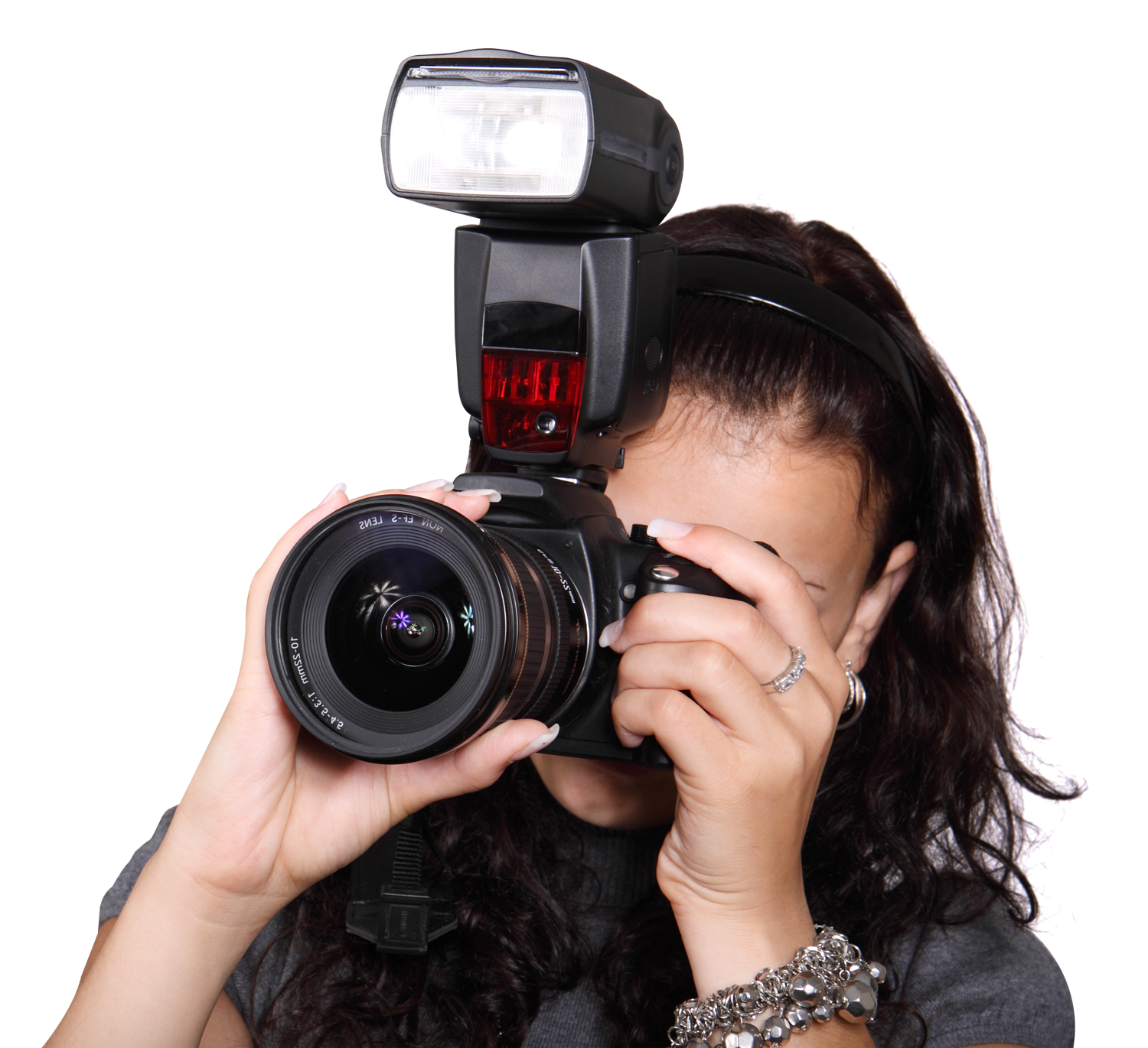 Woman Photographer Holding DSLR Camera With External Flash Photo Camera PNG Graphic