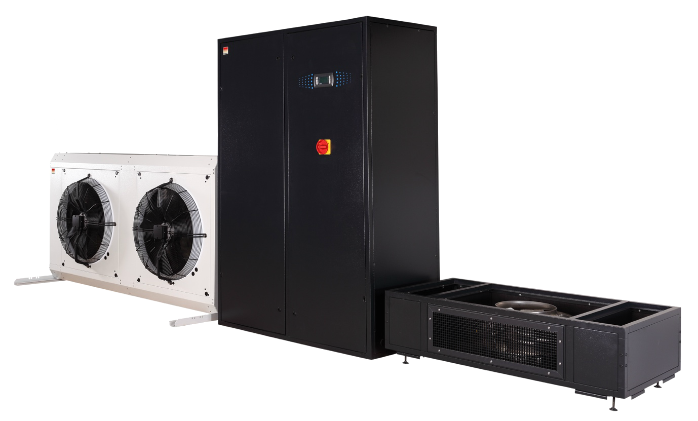 Black Floor Standing Air Conditioner System With Two Outdoor Condensers Air Conditioning PNG Graphic