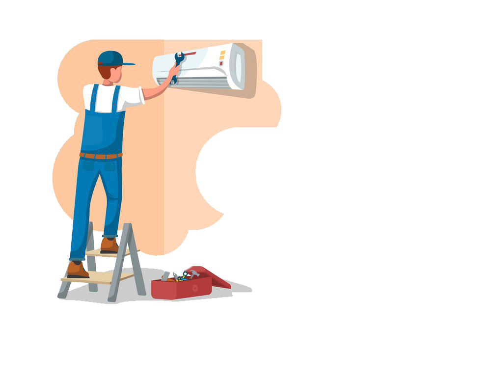 Cartoon HVAC Technician On Ladder Servicing Wall Mounted Air Conditioner Transparent PNG Clipart