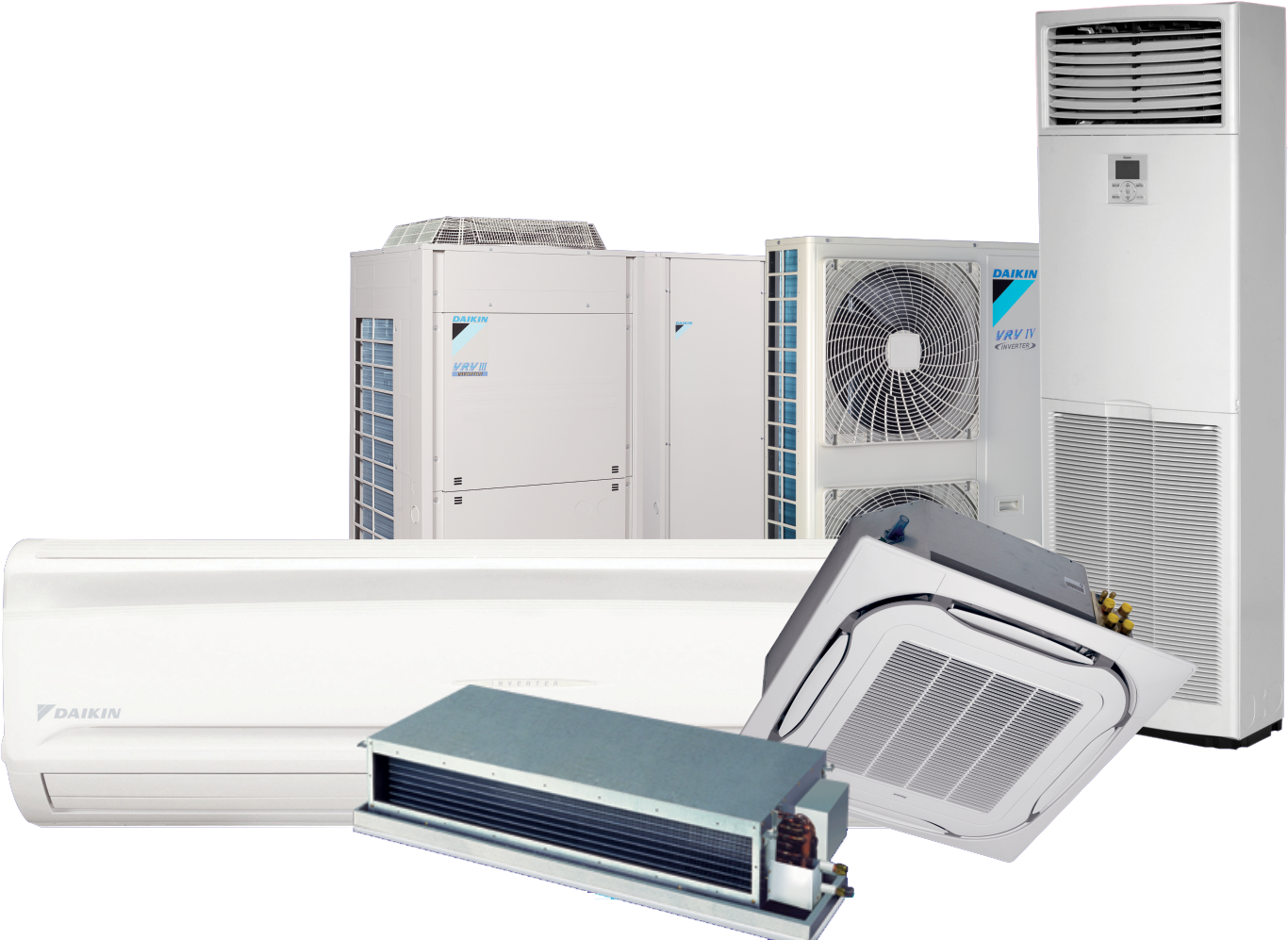 Collection Of Split Air Conditioner Indoor Units Floor Towers And Condensers Air Conditioning PNG Graphic