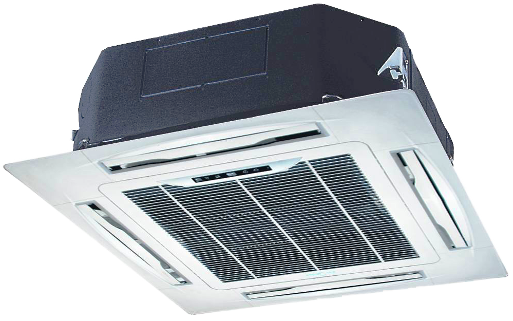 Dark Ceiling Cassette Air Conditioner With Square Four Way Vent Panel Isolated AC Unit PNG Image
