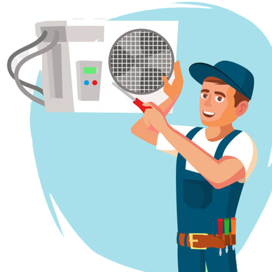 Illustrated HVAC Technician Repairing Wall Mounted Air Conditioner With Tools Transparent Background PNG Image
