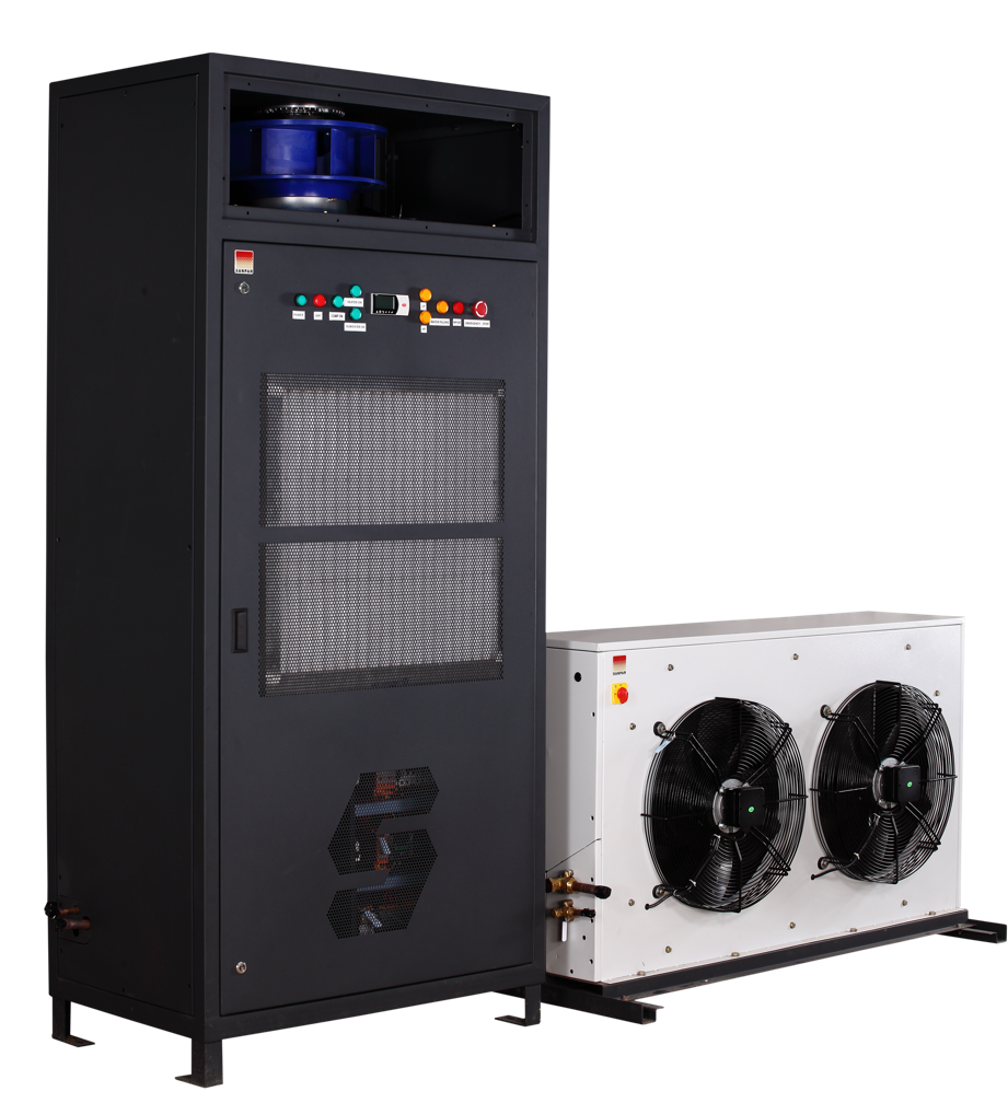 Tall Black HVAC Tower Air Conditioner With Outdoor Compressor Units Isolated Transparent PNG Image